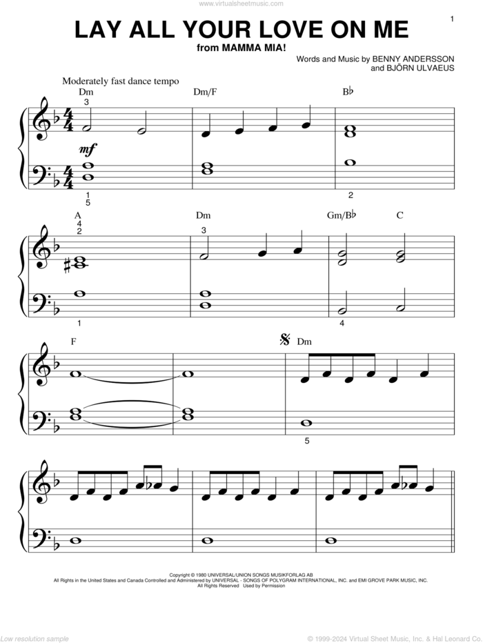 Lay All Your Love On Me sheet music for piano solo (big note book) by ABBA, Mamma Mia! (Movie), Benny Andersson and Bjorn Ulvaeus, easy piano (big note book)