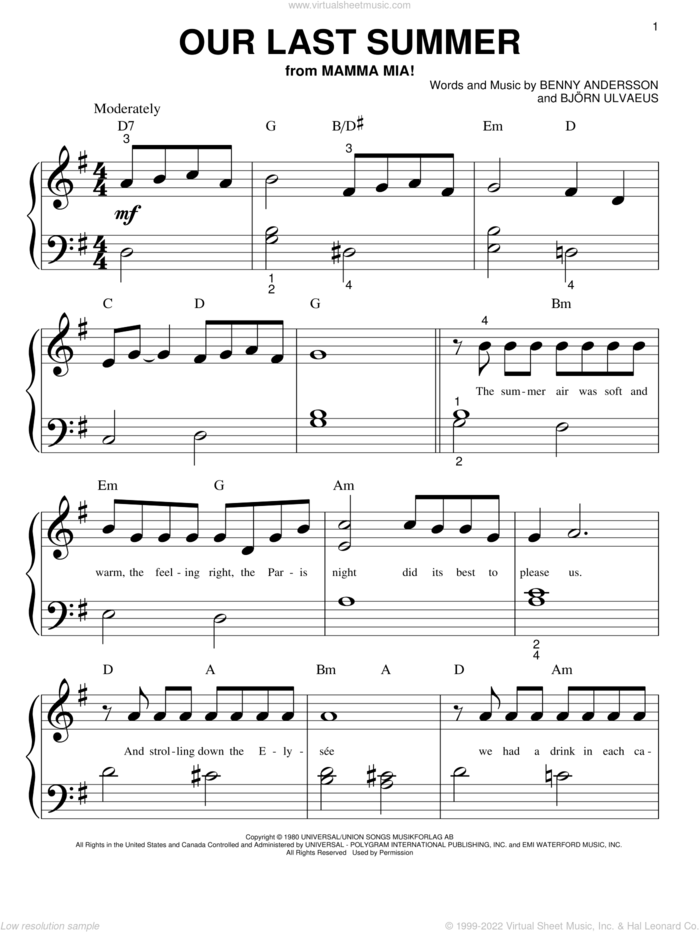 Our Last Summer sheet music for piano solo (big note book) by ABBA, Mamma Mia! (Movie), Benny Andersson and Bjorn Ulvaeus, easy piano (big note book)
