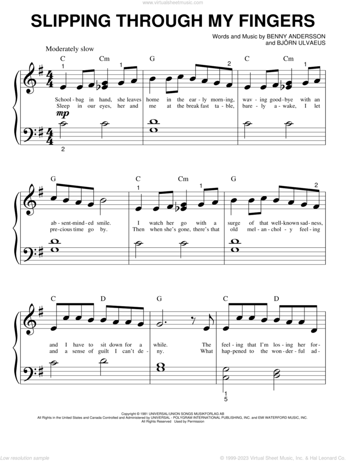 Slipping Through My Fingers sheet music for piano solo (big note book) by ABBA, Mamma Mia! (Movie), Benny Andersson and Bjorn Ulvaeus, easy piano (big note book)