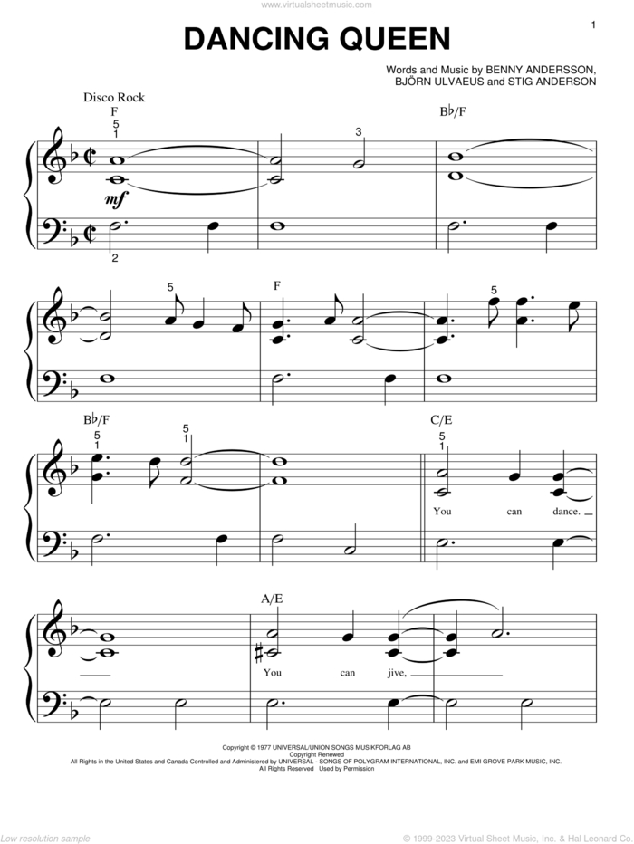 Dancing Queen sheet music for piano solo (big note book) by ABBA, Mamma Mia! (Movie), Benny Andersson, Bjorn Alvaeus and Stig Anderson, easy piano (big note book)