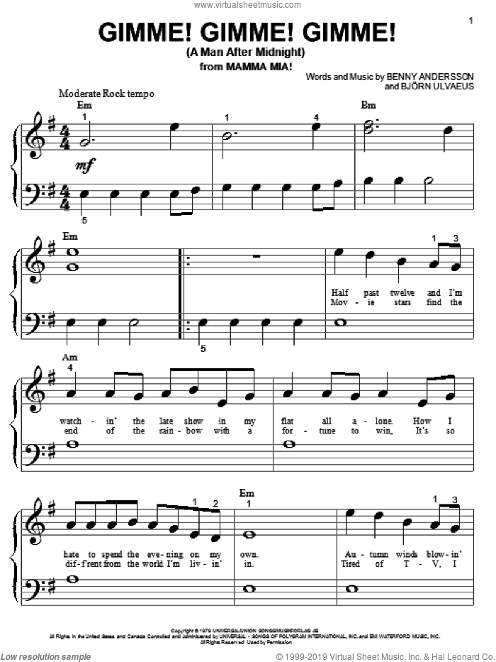 Gimme! Gimme! Gimme! (A Man After Midnight) sheet music for piano solo (big note book) by ABBA, Mamma Mia! (Movie), Benny Andersson and Bjorn Ulvaeus, easy piano (big note book)