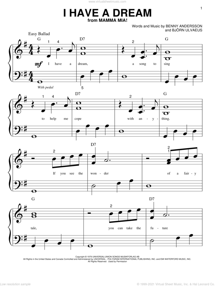 I Have A Dream sheet music for piano solo (big note book) by ABBA, Mamma Mia! (Movie), Benny Andersson and Bjorn Ulvaeus, easy piano (big note book)