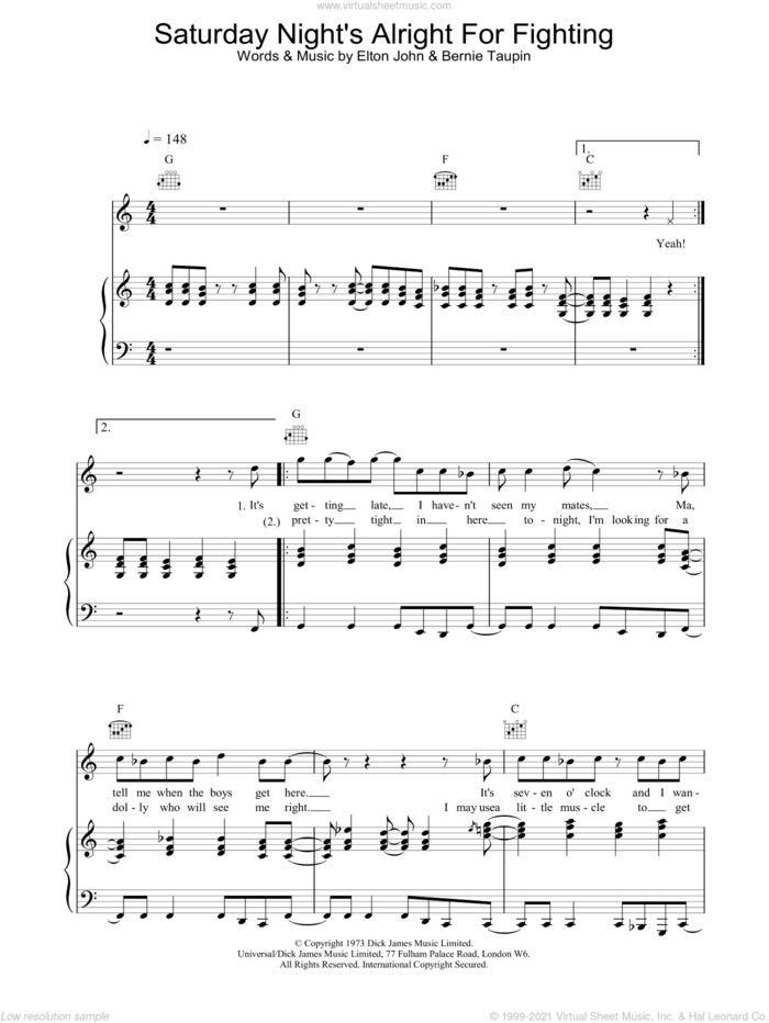 Saturday Night's Alright For Fighting sheet music for voice, piano or guitar by Elton John, intermediate skill level