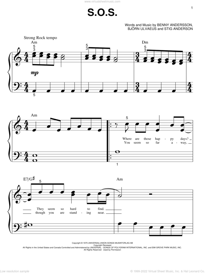 S.O.S. sheet music for piano solo (big note book) by ABBA, Mamma Mia! (Movie), Benny Andersson, Bjorn Ulvaeus and Stig Anderson, easy piano (big note book)