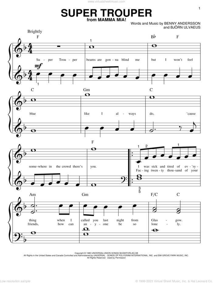 Super Trouper sheet music for piano solo (big note book) by ABBA, Mamma Mia! (Movie), Benny Andersson and Bjorn Ulvaeus, easy piano (big note book)