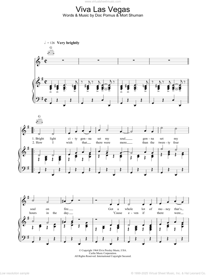 Viva Las Vegas sheet music for voice, piano or guitar by Elvis Presley and Jerome Pomus, intermediate skill level