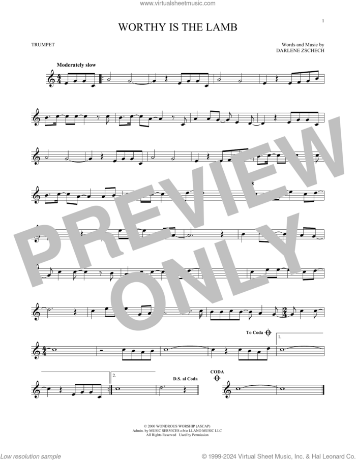 Worthy Is The Lamb sheet music for trumpet solo by Hillsong Worship and Darlene Zschech, intermediate skill level