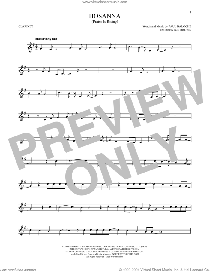 Hosanna (Praise Is Rising) sheet music for clarinet solo by Paul Baloche and Brenton Brown, intermediate skill level
