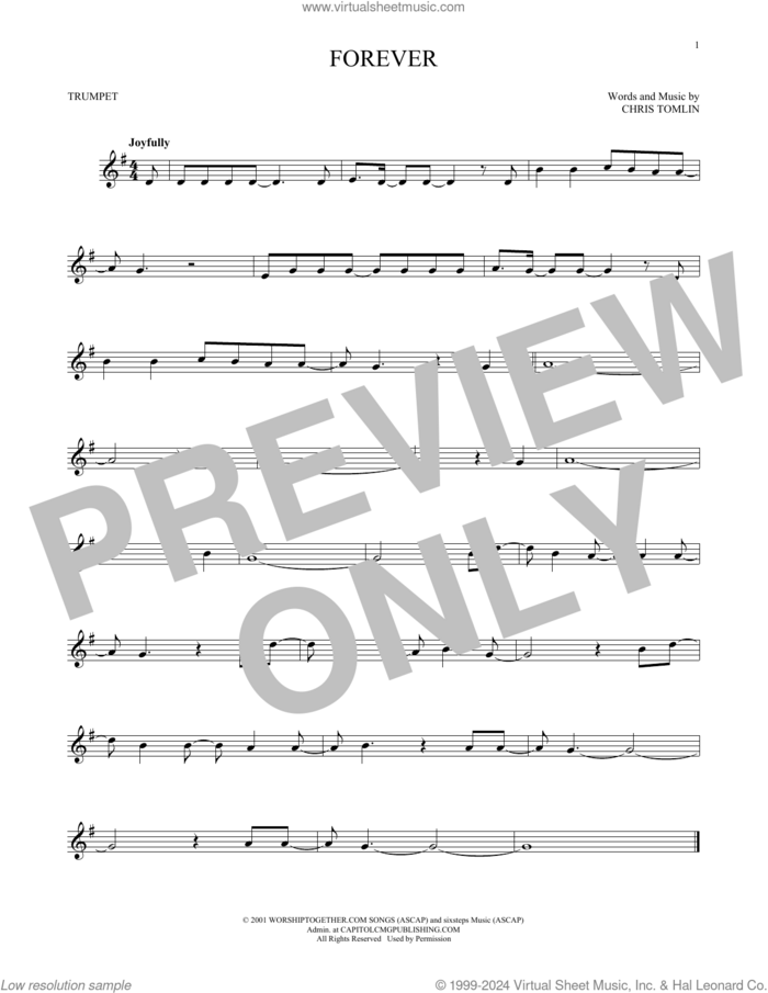 Forever sheet music for trumpet solo by Chris Tomlin, intermediate skill level