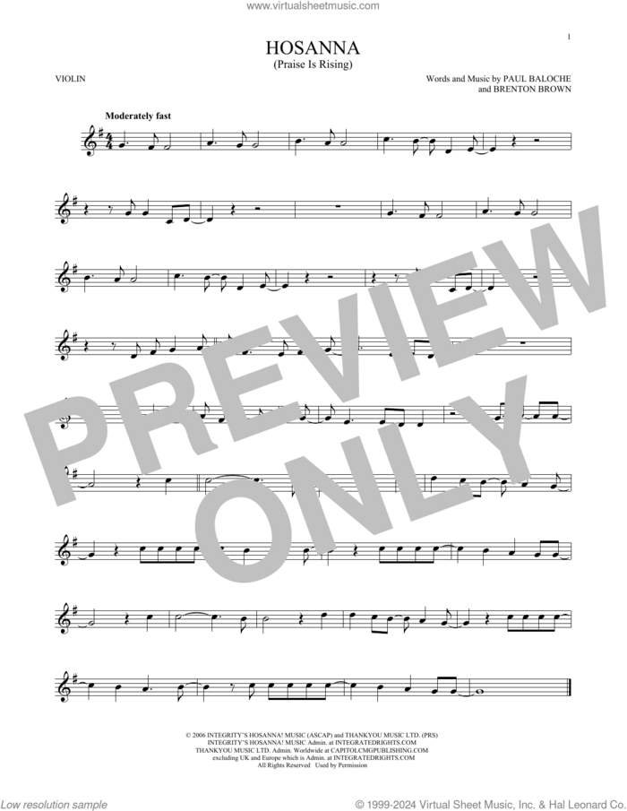 Hosanna (Praise Is Rising) sheet music for violin solo by Paul Baloche and Brenton Brown, intermediate skill level
