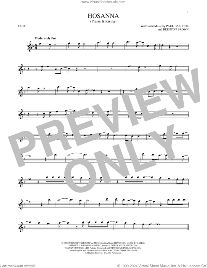 Hosanna (Praise Is Rising) sheet music for flute solo by Paul Baloche and Brenton Brown, intermediate skill level
