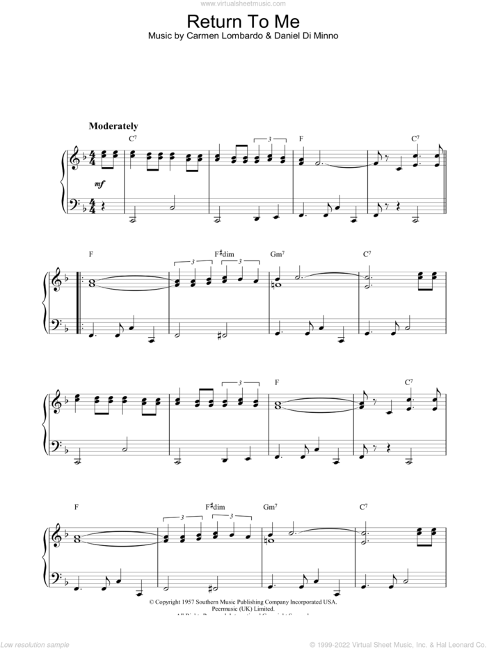 Return To Me, (intermediate) sheet music for piano solo by Dean Martin, intermediate skill level