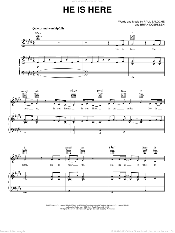 He Is Here sheet music for voice, piano or guitar by Paul Baloche and Brian Doerksen, wedding score, intermediate skill level