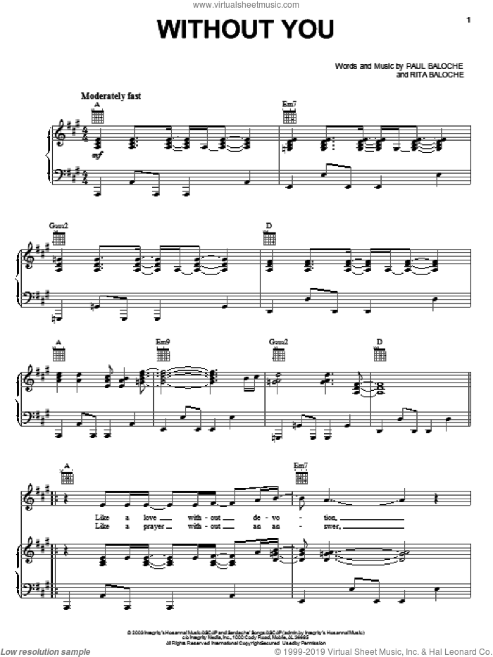 Without You sheet music for voice, piano or guitar by Paul Baloche and Rita Baloche, intermediate skill level