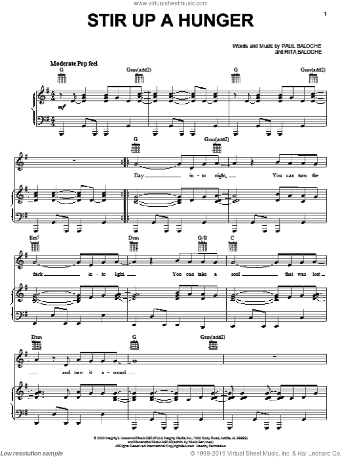 Stir Up A Hunger sheet music for voice, piano or guitar by Paul Baloche and Rita Baloche, intermediate skill level