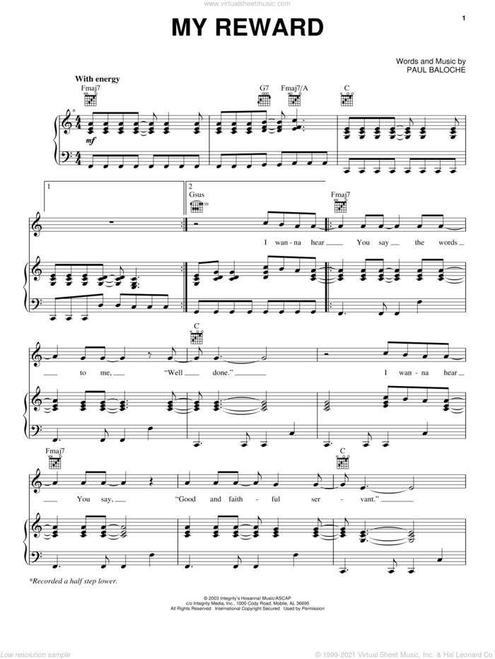 My Reward sheet music for voice, piano or guitar by Paul Baloche, intermediate skill level