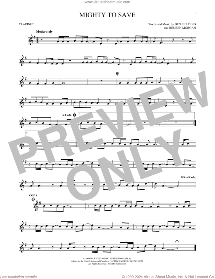 Mighty To Save sheet music for clarinet solo by Hillsong Worship, Ben Fielding and Reuben Morgan, intermediate skill level