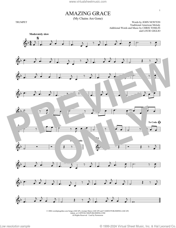 Amazing Grace (My Chains Are Gone) sheet music for trumpet solo by Chris Tomlin, John Newton, Louie Giglio and Miscellaneous, intermediate skill level