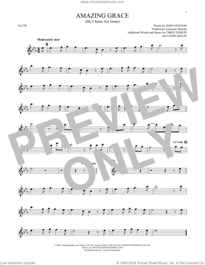 Amazing Grace (My Chains Are Gone) sheet music for flute solo by Chris Tomlin, John Newton, Louie Giglio and Miscellaneous, intermediate skill level