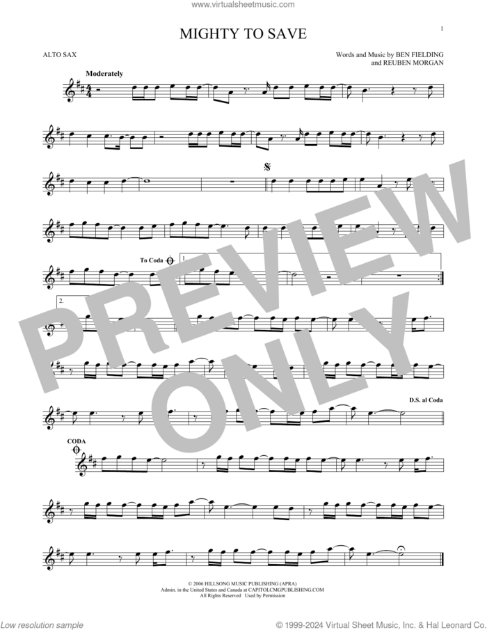 Mighty To Save sheet music for alto saxophone solo by Hillsong Worship, Ben Fielding and Reuben Morgan, intermediate skill level