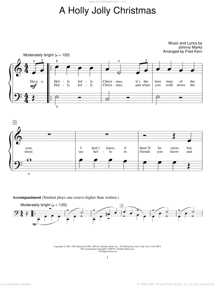 A Holly Jolly Christmas sheet music for piano solo (elementary) by Johnny Marks, Fred Kern and Miscellaneous, beginner piano (elementary)