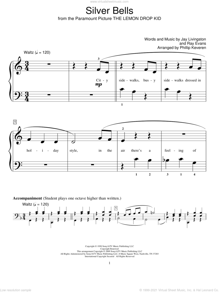 Silver Bells (arr. Phillip Keveren) sheet music for piano solo (elementary) by Jay Livingston, Phillip Keveren, Miscellaneous and Ray Evans, beginner piano (elementary)