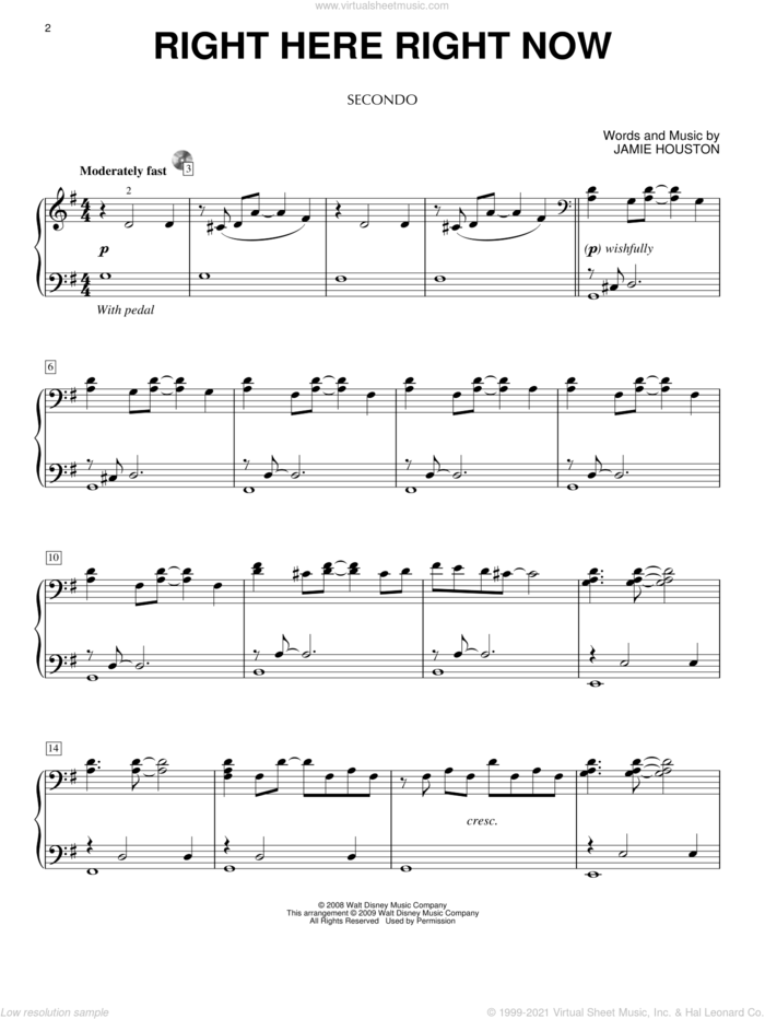 Right Here Right Now sheet music for piano four hands by High School Musical 3 and Jamie Houston, intermediate skill level