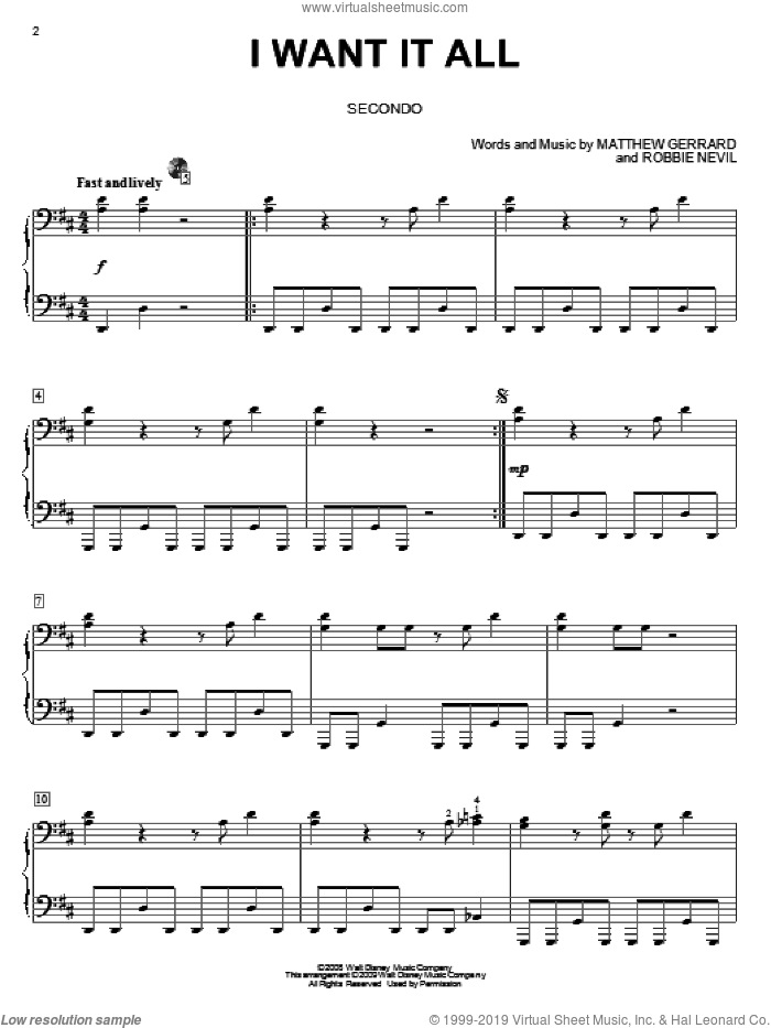 I Want It All sheet music for piano four hands by High School Musical 3, Matthew Gerrard and Robbie Nevil, intermediate skill level
