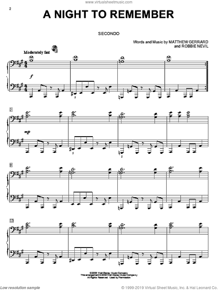 A Night To Remember sheet music for piano four hands by High School Musical 3, Matthew Gerrard and Robbie Nevil, intermediate skill level