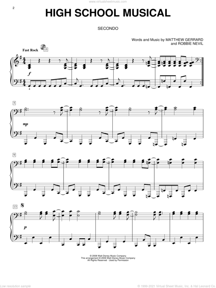 High School Musical sheet music for piano four hands by High School Musical 3, Matthew Gerrard and Robbie Nevil, intermediate skill level