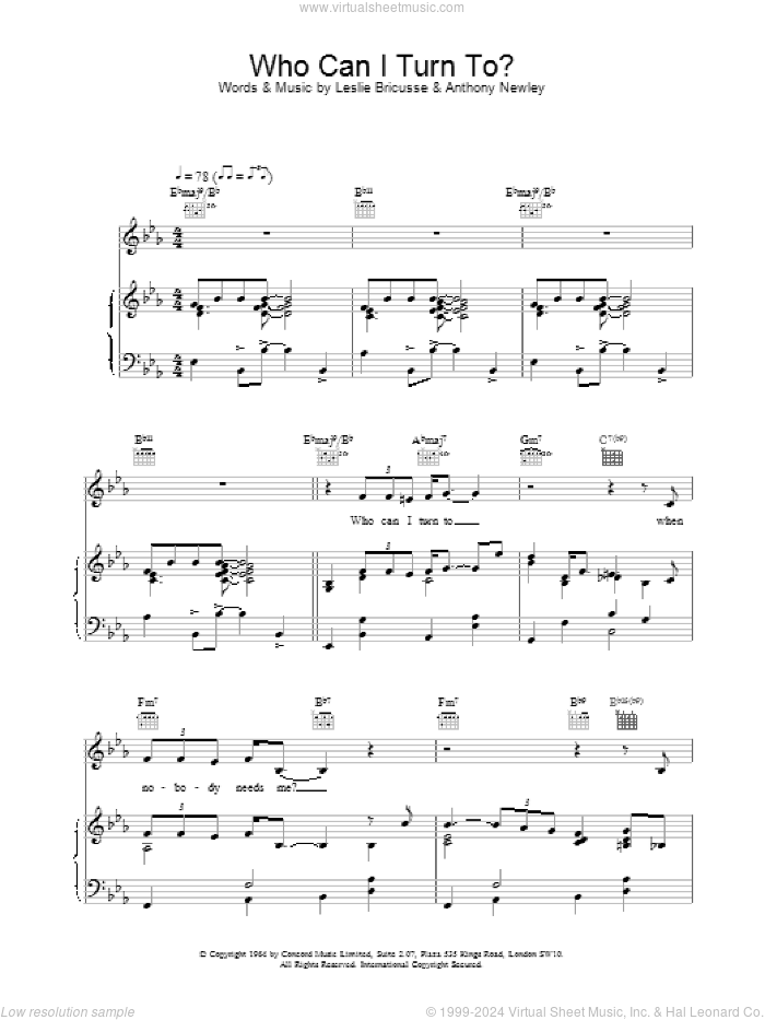 Who Can I Turn To (When Nobody Needs Me) sheet music for voice, piano or guitar by Van Morrison, Tony Bennett, Anthony Newley and Leslie Bricusse, intermediate skill level