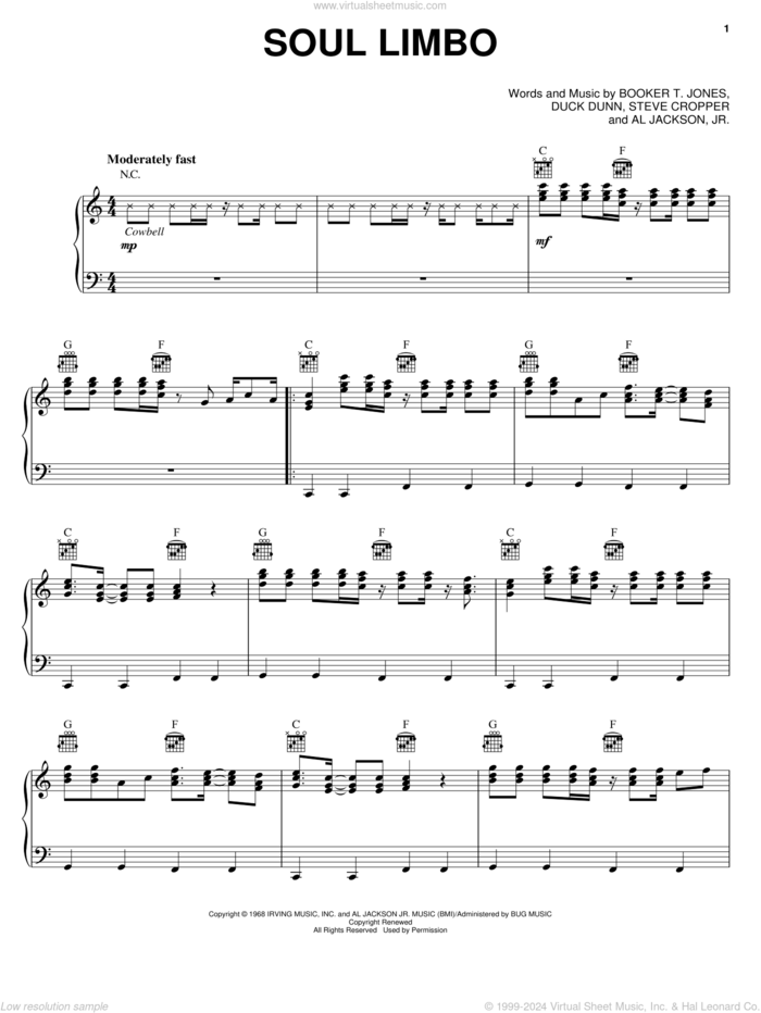 Soul Limbo sheet music for voice, piano or guitar by Booker T. & The MG's, Al Jackson, Jr., Booker T. Jones, Duck Dunn and Steve Cropper, intermediate skill level