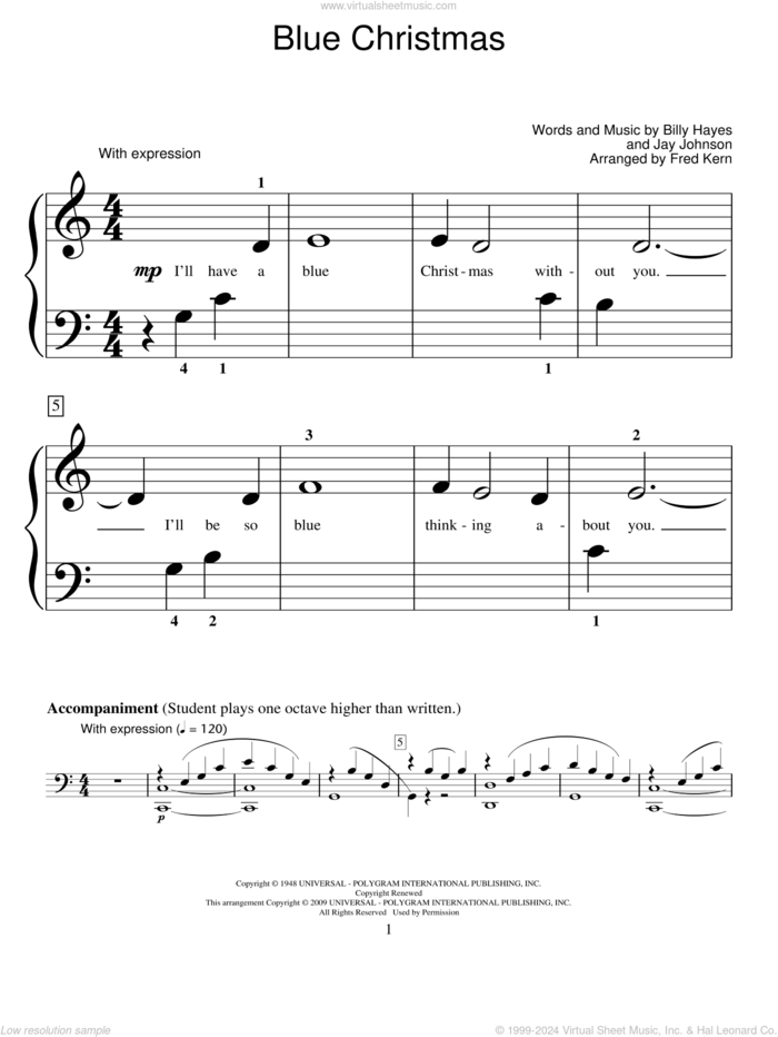 Blue Christmas sheet music for piano solo (elementary) by Elvis Presley, Fred Kern, Miscellaneous, Billy Hayes and Jay Johnson, beginner piano (elementary)