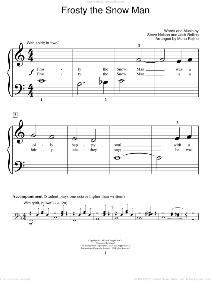 Frosty The Snow Man sheet music for piano solo (elementary) by Gene Autry, Miscellaneous, Mona Rejino, Jack Rollins and Steve Nelson, beginner piano (elementary)