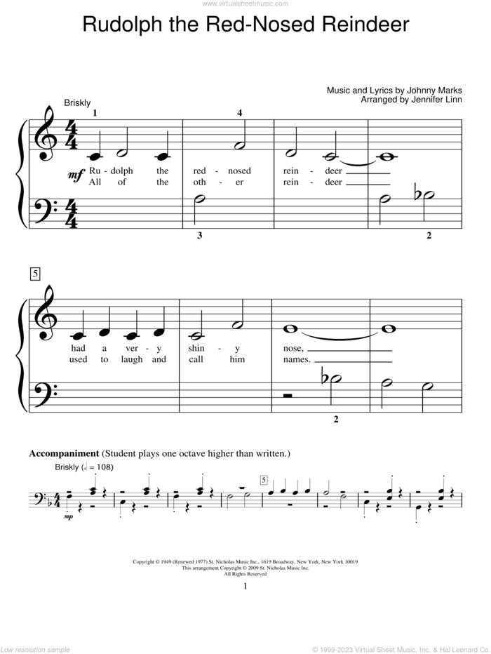 Rudolph The Red-Nosed Reindeer sheet music for piano solo (elementary) by Johnny Marks, Jennifer Linn and Miscellaneous, beginner piano (elementary)