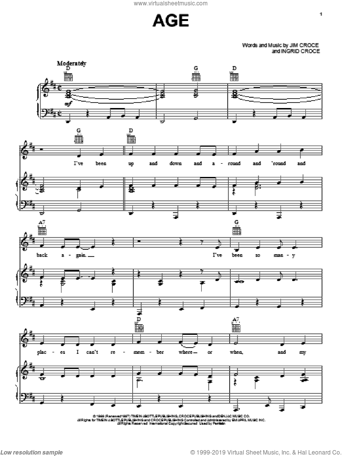 Age sheet music for voice, piano or guitar by Jim Croce, intermediate skill level