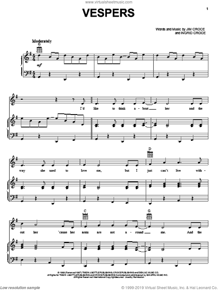 Vespers sheet music for voice, piano or guitar by Jim Croce, intermediate skill level