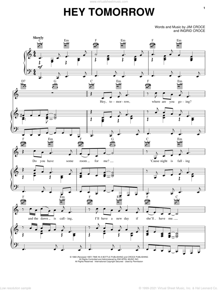 Hey Tomorrow sheet music for voice, piano or guitar by Jim Croce, intermediate skill level