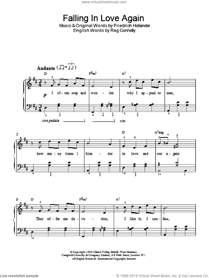 Falling In Love Again sheet music for piano solo by Marlene Dietrich and Bryan Ferry, intermediate skill level