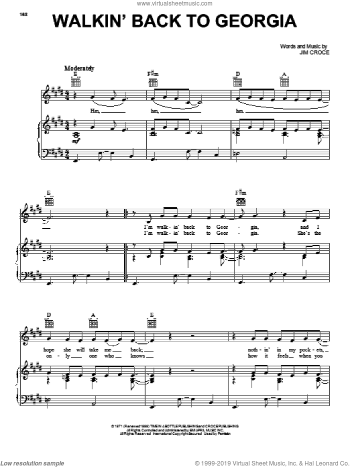 Walkin' Back To Georgia sheet music for voice, piano or guitar by Jim Croce, intermediate skill level