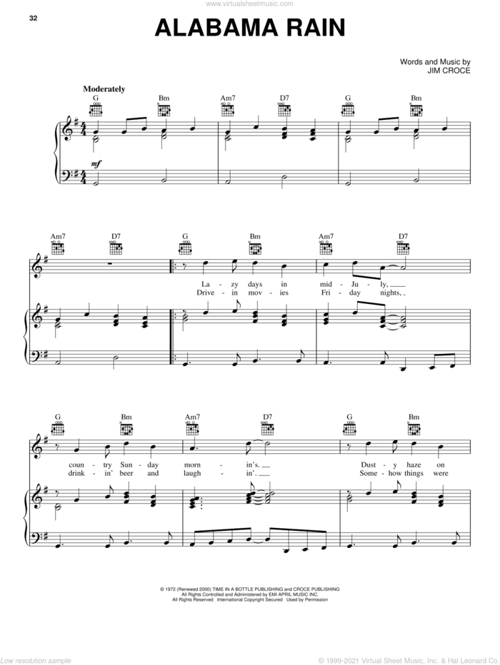 Alabama Rain sheet music for voice, piano or guitar by Jim Croce, intermediate skill level