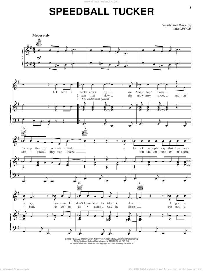 Speedball Tucker sheet music for voice, piano or guitar by Jim Croce, intermediate skill level