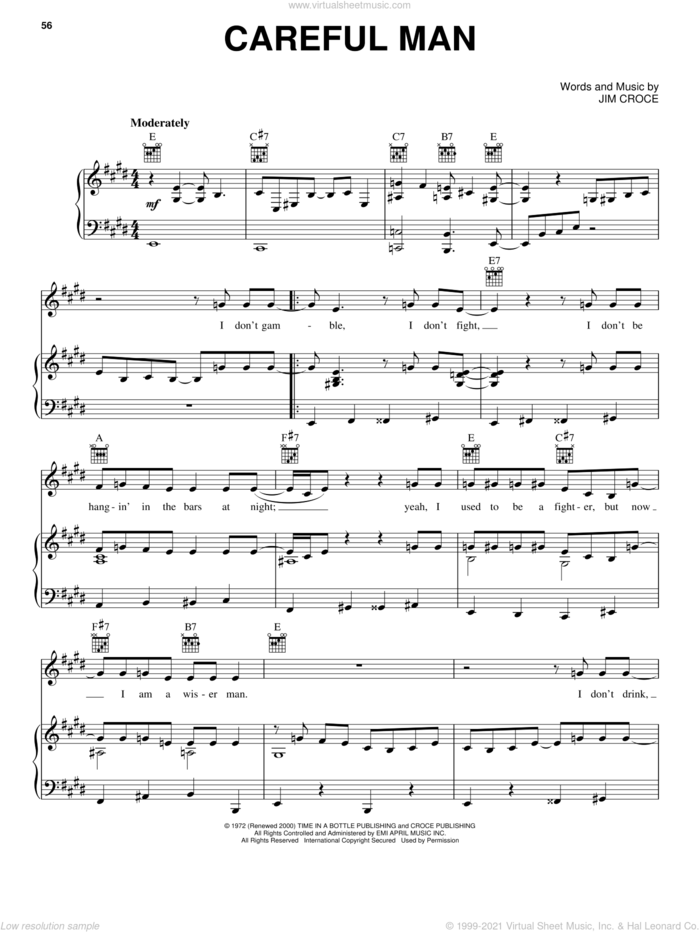 Careful Man sheet music for voice, piano or guitar by Jim Croce, intermediate skill level