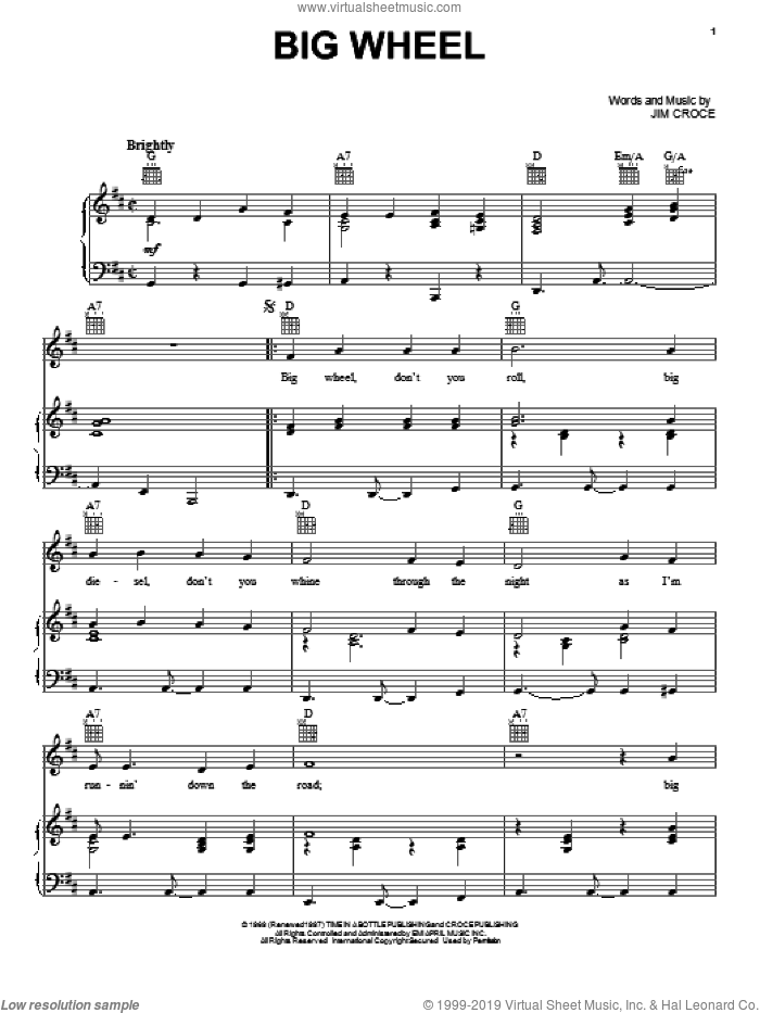 Big Wheel sheet music for voice, piano or guitar by Jim Croce, intermediate skill level