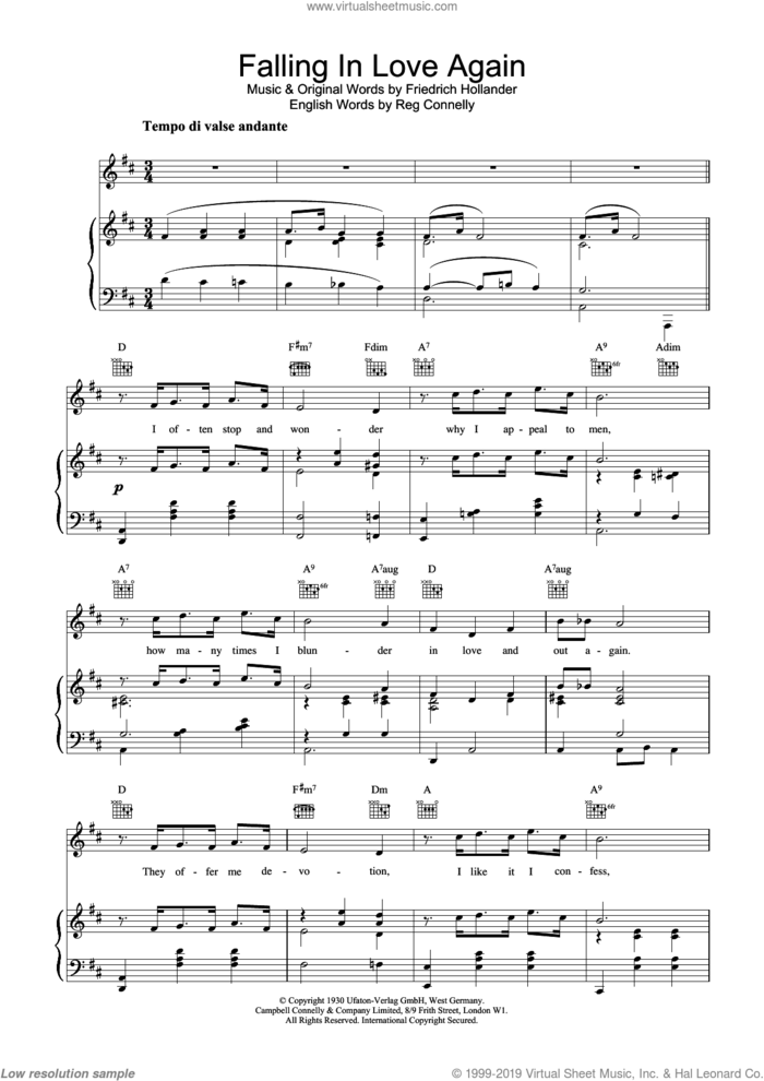 Falling In Love Again sheet music for voice, piano or guitar by Marlene Dietrich, Frederick Hollander and Sammy Lerner, intermediate skill level