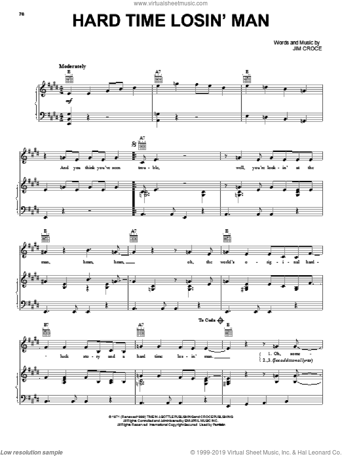 Hard Time Losin' Man sheet music for voice, piano or guitar by Jim Croce, intermediate skill level