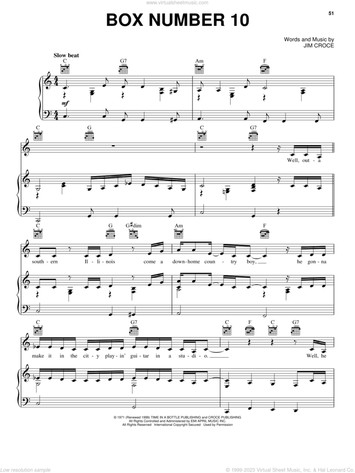 Box Number 10 sheet music for voice, piano or guitar by Jim Croce, intermediate skill level