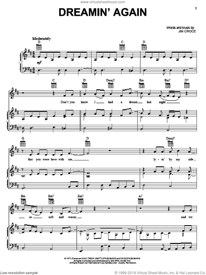 Dreamin' Again sheet music for voice, piano or guitar by Jim Croce, intermediate skill level