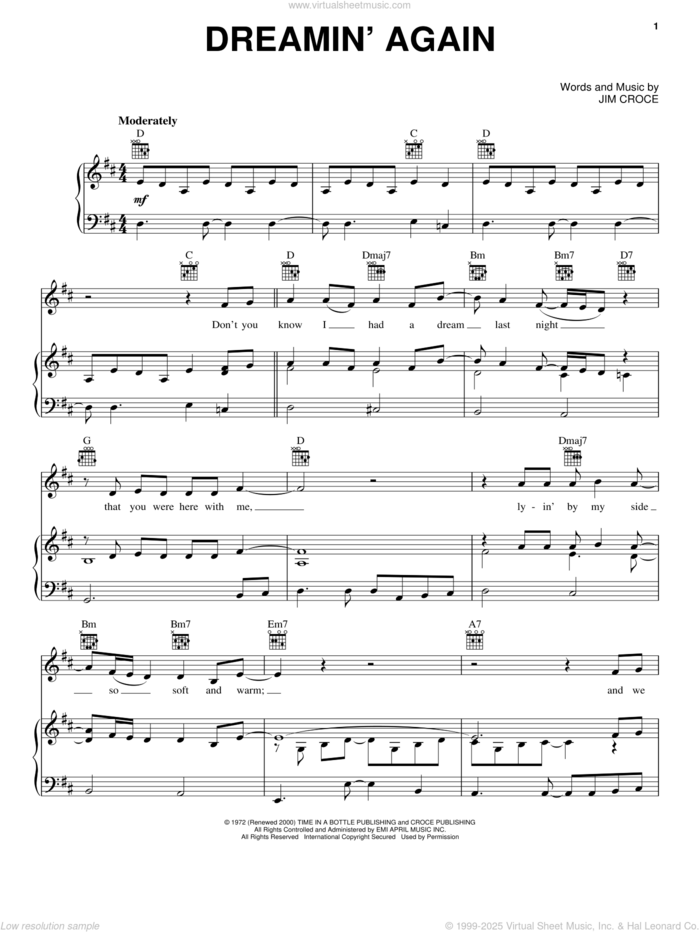 Dreamin' Again sheet music for voice, piano or guitar by Jim Croce, intermediate skill level