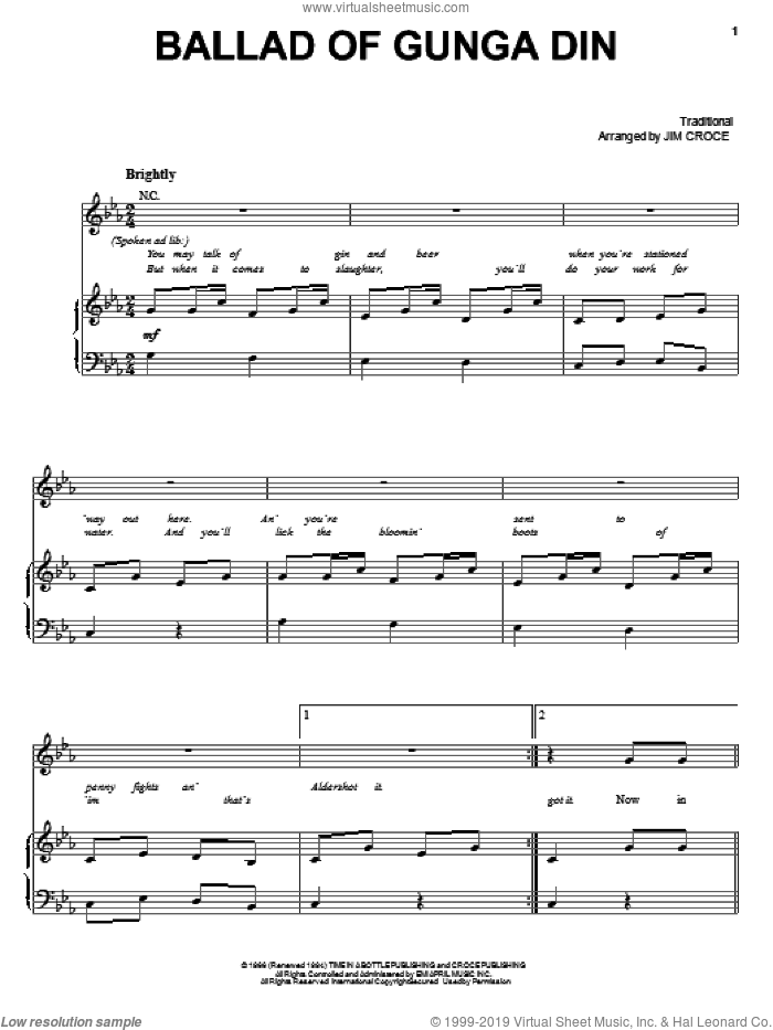 Ballad Of Gunga Din sheet music for voice, piano or guitar by Jim Croce and Miscellaneous, intermediate skill level